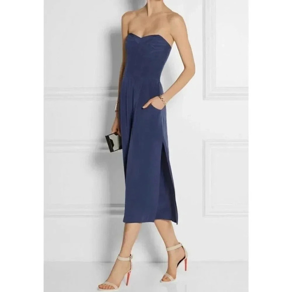 Milly Women’s Strapless Sandwashed Silk Jumpsuit Wide Cropped Leg Navy - Picture 1 of 7